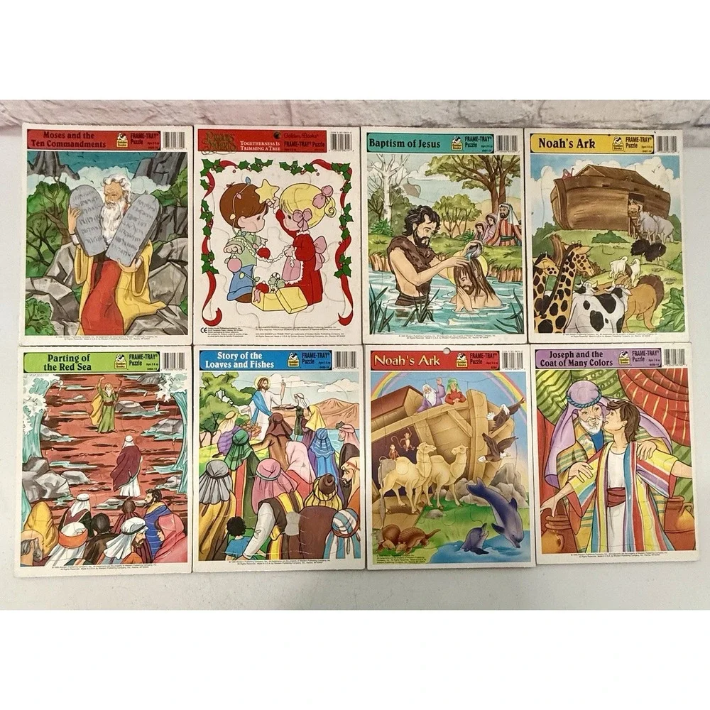 (8) VTG Golden Books BIBLE Frame Tray Puzzles JESUS Noah's Ark MOSES Christian